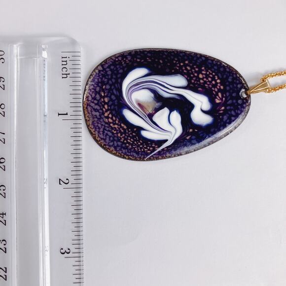 Mid Century Enamel Pendant Purple White Abstract VTG 1960s Necklace Modernist - Picture 11 of 14